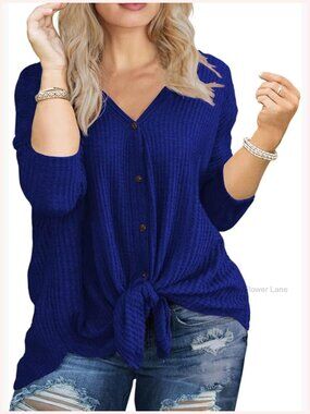 Plus Size V Neck Tie Front Blouse Long Sleeve Waffle Knit Tunic Tops